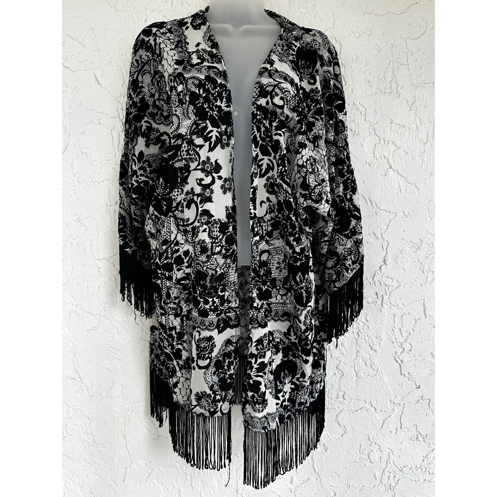 Angie Floral Lace Burnout Print Fringe Kimono Cardigan Wrap Large